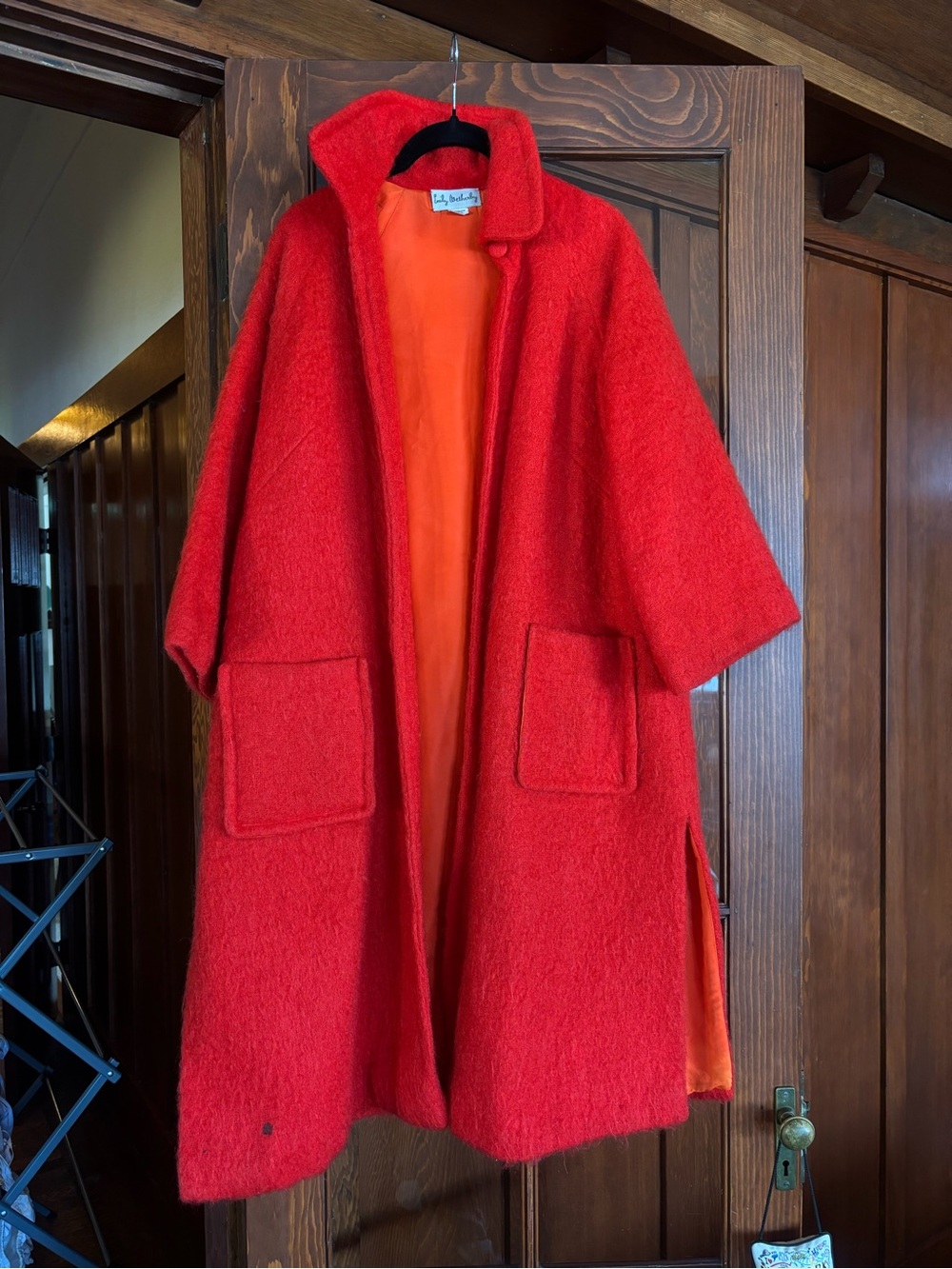 Vintage Red Wool Cape Coat with Orange Lining